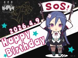  1girl akashi_manaka ankle_boots aqua_belt arms_up artist_name assault_lily belt birthday_cake black_background black_boots black_jacket black_skirt blue_hair blunt_ends blush_stickers boots brown_thighhighs cake chestnut_mouth chibi collared_shirt commentary dated floral_background flower food full_body hair_between_eyes happy_birthday holding holding_sign hotaru_(ultraroly_poly) jacket lace-trimmed_skirt lace_trim long_hair long_sleeves looking_at_viewer miniskirt neck_ribbon open_clothes open_jacket outstretched_arms red_ribbon ribbon school_uniform shirt shoe_belt sign skirt solo sos standing star_(symbol) sweat thigh-highs thigh_belt thigh_strap two-tone_background v-shaped_eyebrows very_long_hair violet_eyes white_background white_shirt wide_sleeves yurigaoka_girls_academy_school_uniform zettai_ryouiki 