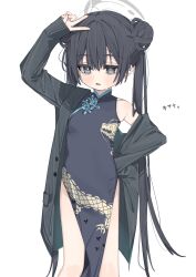  1girl arm_up black_dress black_hair blue_archive blush braid breasts bun_with_braided_base character_name china_dress chinese_clothes coat coat_partially_removed commentary_request double_bun dragon_print dress grey_eyes grey_halo hair_bun halo hand_on_own_hip highres kisaki_(blue_archive) long_hair looking_at_viewer open_mouth pelvic_curtain print_dress simple_background single_bare_shoulder sleeveless sleeveless_dress small_breasts solo striped_coat twintails v v_over_head wasabi_koharu white_background 