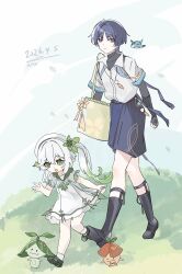  1boy 1girl absurdres animal_on_shoulder aranara_(genshin_impact) arm_at_side armor bag beret bird bird_on_shoulder black_boots black_eyes black_hair black_shirt black_shorts blue_trim blunt_ends boots bow bridal_gauntlets bright_pupils casual choppy_bangs clenched_hand closed_mouth collared_shirt colored_tips commentary_request contemporary cross-shaped_pupils dated dress eyeliner feathers finch full_body genshin_impact gold_trim green_bag green_bow green_eyes green_hair green_sailor_collar green_shoes grey_bridal_gauntlets hair_bow hair_ornament hand_up hat height_difference highres japanese_armor kote kurokote layered_shirt leaf leaf_hair_ornament legwear_garter light_blush long_hair looking_at_creature makeup mary_janes medium_dress mid-stride multicolored_hair nahida_(genshin_cafe_in_seoul)_(genshin_impact) nahida_(genshin_impact) official_alternate_costume open_collar open_mouth pointy_ears pom_pom_(clothes) red_eyeliner sailor_collar scaramouche_(genshin_impact) shirt shoes short_sleeves shorts side_ponytail sidelocks socks string suyi42478390 symbol-shaped_pupils tsurime turtleneck turtleneck_shirt wanderer_(genshin_cafe_in_seoul)_(genshin_impact) wanderer_(genshin_impact) white_dress white_hair white_hat white_pupils white_shirt white_sleeves white_socks yellow_feathers 