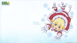  1girl artist_request bandai_namco blonde_hair blue_eyes boots capelet christmas colette_brunel colette_brunel_(christmas) copyright_logo copyright_name dress from_above fur-trimmed_boots fur-trimmed_capelet fur-trimmed_dress fur-trimmed_gloves fur_trim gloves highres logo looking_at_viewer official_alternate_costume official_art official_wallpaper open_mouth pom_pom_(clothes) red_capelet red_dress santa_costume simple_background smile snowflakes solo tales_of_(series) tales_of_symphonia third-party_source transparent_background white_boots white_gloves winter 