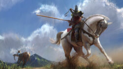  2boys barding blue_sky brown_horse clouds debris dirt english_commentary falling fighting gambeson grass hammk helmet highres holding holding_polearm holding_reins holding_weapon horse horseback_riding impaled jousting knight lance medieval mountain mountainous_horizon multiple_boys original outdoors polearm reins riding saddle sky stirrups_(riding) weapon white_horse 