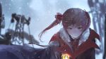  1girl absurdres bangs blush coat fur_trim heterochromia highres hololive houshou_marine lantern long_hair looking_at_viewer mont_blanca outdoors red_eyes redhead snow solo twintails virtual_youtuber yellow_eyes 