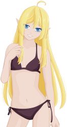 1girl ahoge bikini bikini_bottom_only black_bikini black_swimsuit blonde_hair blue_eyes breasts collarbone commission commissioner_upload cowboy_shot elf flat_chest grin head_tilt highres long_hair looking_at_viewer lotte_farona navel official_art parted_lips pointy_ears selinanovalight side-tie_bikini_bottom side-tie_clothing side-tie_swimsuit simple_background small_breasts smile solo standing swimsuit transparent_background very_long_hair ways_of_darkness_(series)