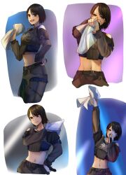  1girl arm_up belt belt_buckle black_belt black_hair black_pants black_shirt blue_background brown_eyes buckle closed_mouth clothing_cutout commentary_request covered_mouth cowboy_shot crop_top cropped_legs gradient_background grey_background grey_shirt hand_on_own_hip hand_on_own_shoulder hand_up hands_up highres holding holding_microphone holding_towel idol long_sleeves looking_ahead looking_at_viewer lower_teeth_only microphone midriff mole mole_above_mouth multiple_views navel navel_piercing nigari_(ngari_0115) nomoto_sora open_mouth outstretched_arm pants parted_bangs piercing pointing pointing_at_viewer purple_background real_life shirt short_hair shoulder_cutout sleeve_belt smile stomach teeth towel white_background 