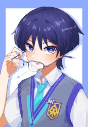  1boy bespectacled blue_necktie blue_pupils blunt_ends border chimoreee_66 choppy_bangs collared_shirt commentary_request contemporary emblem eyeliner genshin_impact glasses grey_sweater_vest hand_up highres holding holding_removed_eyewear looking_at_viewer makeup male_focus necktie official_alternate_costume portrait purple_border purple_hair purple_trim red_eyeliner removing_eyewear scaramouche_(genshin_impact) school_uniform semi-rimless_eyewear shirt short_sleeves solo sweater_vest tongue tongue_out tsurime twitter_username undershirt unworn_eyewear violet_eyes wanderer_(genshin_impact) wanderer_(mega_mgc_coffee)_(genshin_impact) white_background white_shirt white_sleeves white_trim 
