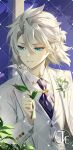  0jae 1boy albedo_(genshin_impact) bangs bishounen blue_eyes bouquet commentary_request flower formal genshin_impact hair_between_eyes highres holding holding_flower lily_(flower) long_sleeves male_focus necktie pale_skin smile solo suit white_flower white_hair white_suit 