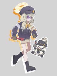  1girl absurdres armband black_boots black_hat black_jacket blue_archive boots bow bowtie brown_gloves brown_shirt chibi chibi_inset full_moon gloves grey_background halo hat highres holding holding_wrench jacket moon newsboy_cap rarohate76 red_eyes shaded_face shirt skirt walking wrench yellow_armband yellow_bow yellow_bowtie yellow_halo 