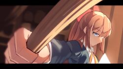  1girl black_jacket bow brown_background brown_hair closed_mouth collared_shirt commentary_request foreshortening hair_bow half_updo highres holding jacket love_live! love_live!_nijigasaki_high_school_idol_club neck_ribbon nijigasaki_school_uniform open_clothes open_jacket osaka_shizuku outstretched_arm piririi ponytail red_bow ribbon school_uniform shirt solo upper_body white_shirt winter_uniform yellow_ribbon 