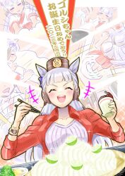  animal_ears apron blunt_bangs blush bow breasts brown_hat casual chiffon chopsticks closed_eyes commentary_request cooking cup dough drooling food gold_ship_(casual)_(umamusume) gold_ship_(umamusume) grey_hair hat highres holding holding_chopsticks holding_cup horse_ears horse_girl horse_tail jacket long_hair long_sleeves open_mouth pillbox_hat pouring red_apron red_jacket rolling_pin saliva shirt smile tail teeth translation_request umamusume upper_teeth_only white_shirt 