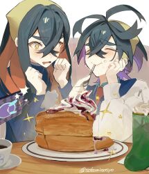 +_+ 1boy 1girl black_hair blue_jacket blue_shirt blush brother_and_sister carmine_(pokemon) clenched_hands collared_shirt commentary_request crossed_bangs cup drinking_straw drooling eating food food_on_face foodgasm hair_between_eyes hairband hand_on_own_cheek hand_on_own_face highres holding jacket kieran_(pokemon) long_sleeves mouth_drool open_mouth pancake pancake_stack plate pokemon pokemon_(creature) pokemon_scarlet_and_violet rotom rotom_phone saucer shirt siblings simple_background sobamisosyou souffle_pancake sparkle table twitter_username upper_body whipped_cream white_jacket yellow_eyes yellow_hairband 