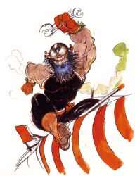  1boy amano_yoshitaka artist_name beard boots brown_boots cid_pollendina clenched_hand facial_hair final_fantasy final_fantasy_iv full_beard full_body gloves goggles helmet holding holding_wrench muscular muscular_male official_art open_mouth red_gloves shirt sitting sleeveless sleeveless_shirt smile teeth third-party_source wrench 