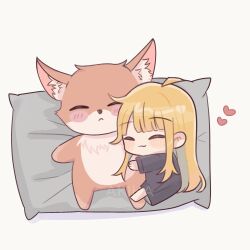  2girls :3 ahoge akiha_(sa31523) animal_costume artist_name black_shirt blonde_hair blush chibi cho_kaguya-hime! closed_eyes commentary_request fox_costume heart highres hug kaguya_(cho_kaguya-hime!) long_hair long_shirt multiple_girls sakayori_iroha shirt smile very_long_hair white_background 