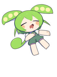  1girl absurdres animal_ears barefoot blush_stickers chibi chibi_only closed_eyes commentary double-parted_bangs drooling edamame full_body green_hair green_shorts highres konohoshi long_hair mouth_drool neck_ribbon open_mouth pink_ribbon ribbon shirt short_sleeves shorts simple_background sleeping solo suspender_shorts suspenders untranslatable_commentary voicevox white_background white_shirt zundamon 