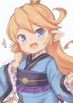  1girl :d blonde_hair blue_eyes blue_kimono charlotta_(granblue_fantasy) crown granblue_fantasy grey_background harvin heart japanese_clothes jingai_modoki kimono long_hair long_sleeves obi pointy_ears sash simple_background smile solo twitter_username yukata 