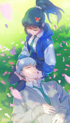  1boy 1girl artist_name black_thighhighs blue_jacket cardigan closed_eyes commentary dappled_sunlight falling_petals fox_hair_ornament grass green_hair green_necktie grey_cardigan grey_hair hand_on_another's_cheek hand_on_another's_face high_ponytail highres jacket kiriko_(overwatch) lap_pillow loose_necktie mizuki_(overwatch) necktie official_alternate_costume outdoors overwatch petals ponytail ra2ra2 school_uniform shirt short_hair sleeping smile sunlight thigh-highs twitter_username white_shirt wing_collar 
