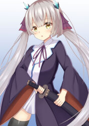  1girl absurdres black_robe black_thighhighs blue_background blunt_bangs blunt_ends blush commentary_request cowboy_shot eyes_visible_through_hair fake_horns fighting_stance floating_hair frown gradient_background grey_hair hair_between_eyes hair_ribbon heaven_burns_red highres hime_cut holding holding_sword holding_weapon horns katana kosyou21057 long_hair long_sleeves looking_at_viewer miniskirt neck_ribbon ogasahara_hisame open_clothes open_robe parted_lips pink_ribbon red_pupils ribbon robe shirt sidelocks simple_background skirt solo straight_hair sword thigh-highs twintails very_long_hair weapon white_shirt white_skirt wide_sleeves yellow_eyes zettai_ryouiki 