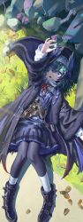  1girl absurdres arknights belt_boots binoculars bird_girl black_hair black_pantyhose boots braid coat commentary_request feather_hair flat_cap fur-trimmed_coat fur_trim gem hair_over_one_eye hat head_wings highres holding holding_gem light_rays long_hair long_sleeves looking_at_viewer marble_(toy) mole mole_under_eye neck_ribbon on_ground open_mouth outdoors pantyhose pointy_ears red_ribbon ribbon rui_(rei_leyi) shirt solo sparkle sunbeam sunlight ukusik_(arknights) violet_eyes wings 