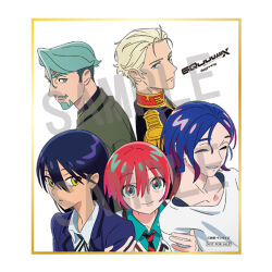  2girls 3boys ^_^ amate_yuzuriha aqua_eyes aqua_shirt arm_hug beard blonde_hair blue_hair blue_jacket challia_bull char_aznable closed_eyes closed_mouth collared_shirt copyright_logo copyright_name copyright_notice facial_hair green_hair grin gundam gundam_gquuuuuux hair_between_eyes hair_slicked_back jacket lapels logo multiple_boys multiple_girls mustache necktie notched_lapels nyaan_(gundam_gquuuuuux) official_art red_hair sample_watermark shikishi shirt short_hair shuji_ito simple_background smile striped_clothes striped_necktie watermark white_background white_shirt wing_collar 