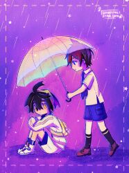  2boys ahoge ankle_socks artist_name black_hair black_socks blue_eyes blue_necktie blue_shorts blue_sky border brown_hair brown_shoes collared_shirt crossed_bangs dashed_border florian_(pokemon) from_side gradient_background hair_between_eyes hairband highres holding holding_umbrella jacket kieran_(pokemon) kneehighs knees_up male_focus multiple_boys necktie parted_lips pink_background pink_border pokemon pokemon_scarlet_and_violet purple_background purple_border rain shirt shoes shootingstareon short_hair shorts sidelocks sitting sky socks transparent transparent_umbrella umbrella walking white_jacket white_shirt white_shoes white_shorts yellow_eyes yellow_hairband 