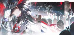  1boy absurdres adjusting_clothes adjusting_headwear ashveil_(honkai:_star_rail) black_hair branch bright_pupils commentary crescent crescent_pin earrings gloves gradient_hair graveyard grey_eyes hat highres honkai:_star_rail honkai_(series) jacket jewelry lapel_pin long_hair male_focus multicolored_hair necklace renjian_shilian ring single_earring single_glove tombstone tooth_necklace turtleneck untranslatable_commentary very_long_hair watch watch 
