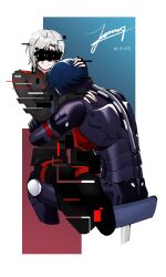  2girls absurdres android ariane_yeong blue_hair censored commentary covered_eyes cowboy_shot cropped_legs dated elster_(signalis) english_commentary glitch hand_on_another's_head hand_on_another's_shoulder head_on_chest highres hug jp_artz multiple_girls short_hair signalis signature sitting sitting_on_lap sitting_on_person smile white_hair yuri 