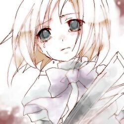  1girl blue_eyes bow bowtie closed_mouth commentary crying crying_with_eyes_open dress hashitsuki_nata higurashi_no_naku_koro_ni holding holding_weapon jaggy_lines kuratsuka_riko looking_at_viewer lowres nata_(tool) oekaki orange_hair parted_bangs portrait puffy_short_sleeves puffy_sleeves purple_bow purple_bowtie ryuuguu_rena sad short_hair short_sleeves simple_background split_mouth teardrop tears weapon white_background white_dress 