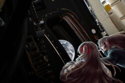  2girls absurdres ahoge artemis_program backlighting black_cardigan brown_hair cardigan chromatic_aberration earth_(planet) english_commentary evil_neuro-sama floating floating_hair from_behind hair_ornament hair_ribbon highres long_sleeves looking_outside multiple_girls neuro-sama nyuakel parted_lips photo_background planet red_eyes red_ribbon ribbon siblings sisters skull_hair_ornament space spacecraft spacecraft_interior twins two_side_up vedal_ai virtual_youtuber window yellow_cardigan 