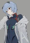  1girl ayanami_rei blue_hair closed_mouth covered_navel dango_(uni_520) grey_background grey_jacket hair_between_eyes highres hood hood_down hooded_jacket jacket light_blue_hair neon_genesis_evangelion open_clothes open_jacket plugsuit red_eyes short_hair simple_background sleeves_past_wrists solo turtleneck zipper 