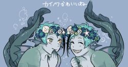  2boys ^_^ air_bubble alternate_form back_fin black_hair blue_background blue_flower blue_hair blush brothers bubble chuu_ni closed_eyes closed_mouth colored_skin commentary_request dot_nose eel_boy fins flower flower_wreath floyd_leech floyd_leech_(eel) grey_eyes grin head_fins heterochromia jade_leech jade_leech_(eel) looking_at_another male_focus monster_boy multicolored_hair multiple_boys sharp_teeth shell short_hair siblings smile starfish streaked_hair teeth translation_request twins twisted_wonderland upper_body yellow_eyes 