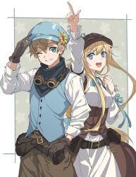  1boy 1girl absurdres alice_zuberg arm_up blonde_hair blue_eyes braid braided_ponytail commentary_request eugeo gloves green_eyes hairband hat highres long_hair long_sleeves looking_at_viewer one_eye_closed ribbon shirt sword_art_online sword_art_online:_alicization sword_art_online:_alicization_-_war_of_underworld white_hairband white_shirt yoru_kiri 