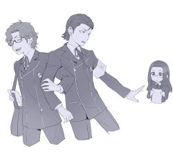  1girl 2boys armband bag character_request closed_eyes closed_mouth collared_shirt commentary_request cropped_legs glasses hiraga_keisuke holding holding_paper isa_(peien516) long_hair multiple_boys neck_ribbon odagiri_hidetoshi open_mouth pants paper persona persona_3 rectangular_eyewear ribbon semi-rimless_eyewear shirt short_hair shoulder_bag sideburns simple_background under-rim_eyewear white_background 