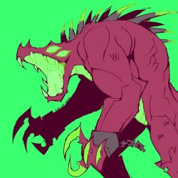  acrid_(risk_of_rain) broken broken_chain chain claws commentary cuffs english_commentary extra_eyes fangs genc glowing glowing_eyes glowing_mouth green_background green_eyes monster risk_of_rain risk_of_rain_(series) shackles sketch solo spines 