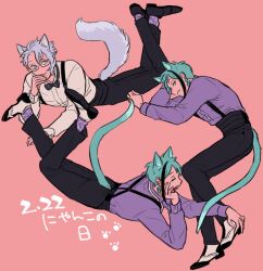  3boys animal_ears azul_ashengrotto black_bow black_bowtie black_pants black_shoes blue_hair bow bowtie brothers cat_boy cat_day cat_ears cat_tail chuu_ni closed_mouth commentary_request dress_shoes earrings floyd_leech glasses hair_between_eyes hand_to_own_mouth jade_leech jewelry long_sleeves looking_to_the_side lying male_focus multicolored_hair multiple_boys on_side on_stomach open_mouth pants parted_bangs piercing pink_background purple_shirt purple_socks shirt shoes siblings sideways_glance simple_background single_earring socks streaked_hair suspenders tail twins twisted_wonderland white_hair white_shirt yawning 