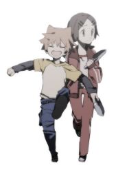  1boy 1girl absurdres braid brother_and_sister brown_hair hair_ornament hairclip hidadihida05 highres holding holding_shovel jacket layered_sleeves long_sleeves pants parallel_hairclips shiki_(novel) short_over_long_sleeves short_sleeves shovel siblings simple_background tanaka_akira tanaka_kaori_(shiki) track_jacket track_pants twin_braids walking white_background 