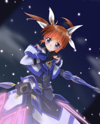  1girl absurdres arm_guards black_gloves blue_eyes brown_hair capelet commentary_request fingerless_gloves gloves hair_between_eyes highres holding holding_weapon kana_sakimori lyrical_nanoha magical_girl mahou_shoujo_lyrical_nanoha parted_lips raising_heart short_hair short_twintails sidelocks solo takamachi_nanoha twintails upper_body weapon wispy_bangs 