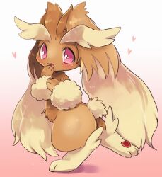  1girl :3 alternate_eye_color animal_ears chibikemo commentary_request digitigrade fluffy from_side full_body furry furry_female gradient_background heart highres light_blush looking_at_viewer lopunny open_mouth pink_eyes pokemon pokemon_(creature) pokemon_focus rabbit_ears rabbit_girl rabbit_tail simple_background smile solo standing standing_on_one_leg suppainu tail 