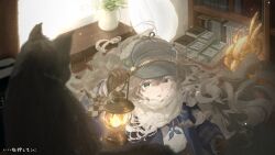  1girl blue_coat blue_eyes blue_neckerchief book book_stack bookshelf brown_gloves brown_hair cat coat commentary_request curtains dress floating_hair gloves grey_hat hand_up hat highres holding holding_lantern indoors lantern long_hair looking_at_viewer natrium_(natriuuumovo) neckerchief newsboy_cap parted_lips reverse:1999 scarf solo unilog_(reverse:1999) upper_body vase white_dress white_scarf 