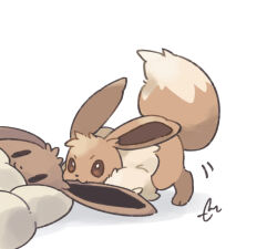  :3 analogous_colors biting brown_eyes brown_fur brown_sclera brown_theme colored_sclera commentary_request dot_nose eevee fluffy fluffy_tail holding large_tail motion_lines nibbling no_humans playing pokemon pokemon_(creature) pokemon_focus signature simple_background standing stuffed_animal stuffed_toy tail torank_cdk v-shaped_eyebrows warm_colored white_background white_fur 