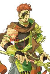  1boy armlet armor eyepatch facial_hair fire_emblem fire_emblem_echoes:_shadows_of_valentia fire_emblem_heroes holding holding_polearm holding_weapon jewelry male_focus official_alternate_costume polearm red_hair saber_(fire_emblem) saber_(jehanna)_(fire_emblem) shoulder_armor single_shoulder_pad solo weapon white_background yomiko_(61549392) 