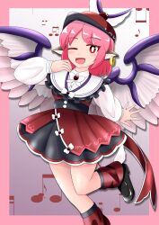  absurdres animal_ear_fluff animal_ears bird_ears bird_girl bird_wings black_shoes black_skirt border earrings facing_viewer hand_up hat highres jewelry looking_at_viewer musical_note mystia_lorelei one_eye_closed open_mouth pink_border pink_hair red_eyes red_ribbon red_skirt ribbon shoes short_hair single_earring skirt standing standing_on_one_leg touhou white_wings wings 
