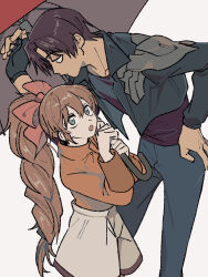  1boy 1girl bow brown_hair cowboy_shot cropped_jacket fingerless_gloves gloves green_eyes hair_bow highres hira_(mcohira) holding holding_umbrella kazuma_(scryed) leaning_forward long_hair looking_up ponytail red_shirt scryed shirt short_hair simple_background single_fingerless_glove single_glove sleeve_cuffs umbrella very_long_hair white_background yuuta_kanami 