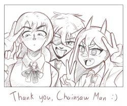  1boy 2girls absurdres chainsaw_man commentary denji_(chainsaw_man) double_v dress_shirt english_commentary english_text eyepatch fangs fluffkaiser glasses highres horns mitaka_asa monochrome multiple_girls neckerchief necktie open_mouth polaroid_photo power_(chainsaw_man) shirt tongue tongue_out v vest 