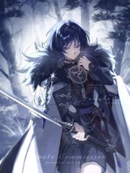  1boy adapted_costume aiguillette arm_at_side armor black_bodysuit black_hair black_jacket black_shorts blunt_ends bodysuit choppy_bangs closed_mouth coat coat_on_shoulders colored_eyelashes commentary commission covered_collarbone cowboy_shot crystal expressionless eyeliner fatui_coat fatui_logo fur-trimmed_coat fur_trim gem genshin_impact glint gold hair_intakes hand_up highres holding holding_sword holding_weapon jacket japanese_armor jewelry katana katsuragikiri_nagamasa_(genshin_impact) kote kurokote lapels looking_at_viewer makeup male_focus mitsudomoe_(shape) neck_ring open_clothes open_coat outdoors purple_gem purple_sash red_eyeliner red_sash sample_watermark sash scaramouche_(genshin_impact) shorts solo sword tassel tomoe_(symbol) tree tsurime violet_eyes w02_14 watermark weapon white_coat 