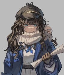  1girl belt blue_coat blue_eyes blue_neckerchief brown_belt brown_gloves brown_hair coat dress furrowed_brow gloves grey_background grey_hat hand_up hat holding holding_paper long_hair looking_at_viewer marcus_(reverse:1999) neckerchief newsboy_cap open_clothes open_coat paper reverse:1999 rolled-up_paper scarf solo upper_body white_dress white_scarf yangjian_huolongguo 