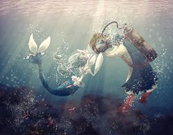  1girl air_bubble bubble caustics cocoyuzu7777 commentary_request diving_helmet flippers full_body furry furry_female helmet light_rays looking_at_another oxygen_tank pokemon pokemon_(creature) primarina starfish staryu sunbeam sunlight typhlosion underwater 