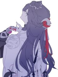  1boy ashveil_(honkai:_star_rail) black_hair braid bright_pupils chain commentary_request crescent crescent_hair_ornament cutoffs from_behind gloves gradient_eyes grey_eyes hair_ornament highres honkai:_star_rail honkai_(series) jacket long_hair looking_back male_focus multicolored_eyes multicolored_hair nokonez side_braid single_glove streaked_hair upper_body watch watch 