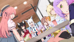  6+girls animal_ear_fluff animal_ears black_choker black_nails brown_hair burger cat_ears cat_girl choker commentary_request demon_girl demon_tail dog_ears dog_girl ear_piercing food fox_ears fox_girl highres hiro_(phese) holding holding_burger holding_food hololive inugami_korone inugami_korone_(1st_costume) long_hair looking_at_viewer multiple_girls nail_polish nekomata_okayu nekomata_okayu_(1st_costume) official_alternate_costume ookami_mio ookami_mio_(another_ookami_mio) oozora_subaru oozora_subaru_(suspenders) open_mouth piercing pink_hair red_shirt sakura_miko sakura_miko_(street) shirakami_fubuki shirt tail tsunomaki_watame tsunomaki_watame_(gyaru) virtual_youtuber wolf_ears wolf_girl 