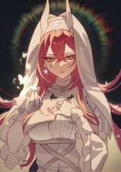  1girl amo20839453 arknights ascalon_(arknights) ascalon_(phototaxis)_(arknights) aura black_background brown_eyes bug butterfly chinese_commentary commentary_request crossed_bangs dress earrings facial_mark glint glowing_butterfly hair_between_eyes hand_on_own_chest headscarf highres jewelry lens_flare light_particles long_hair official_alternate_costume parted_lips pink_hair solo teardrop_facial_mark upper_body white_dress 