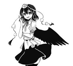  1girl bird_wings collared_shirt commentary_request greyscale hat highres looking_at_viewer medium_hair mitsu~ monochrome open_mouth pom_pom_(clothes) puffy_short_sleeves puffy_sleeves shameimaru_aya shirt short_sleeves skirt smile solo thigh-highs tokin_hat touhou wings 