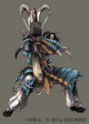  1boy armor black_eyes black_hair black_shoes bowgun commentary_request company_name copyright_notice faulds full_body fuse_ryuuta gauntlets grey_background highres holding_bowgun knee_guards legs_apart long_hair looking_to_the_side magazine_(weapon) monster_hunter_(series) pants pointy_shoes rope_belt shoes simple_background solo spiked_armor spikes standing tassel v-shaped_eyebrows vambraces white_pants yian_kut-ku_(armor) 